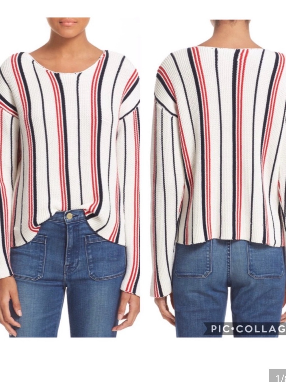 Frame Denim ‘Le Cropped’ split sleeve Crewneck Sweater with Red & Navy Stripes S